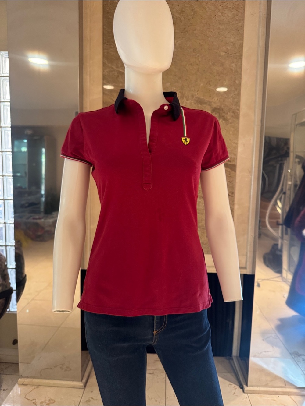 Ferrari Scuderia Red Polo Shirt Black Collar Italian Stripe